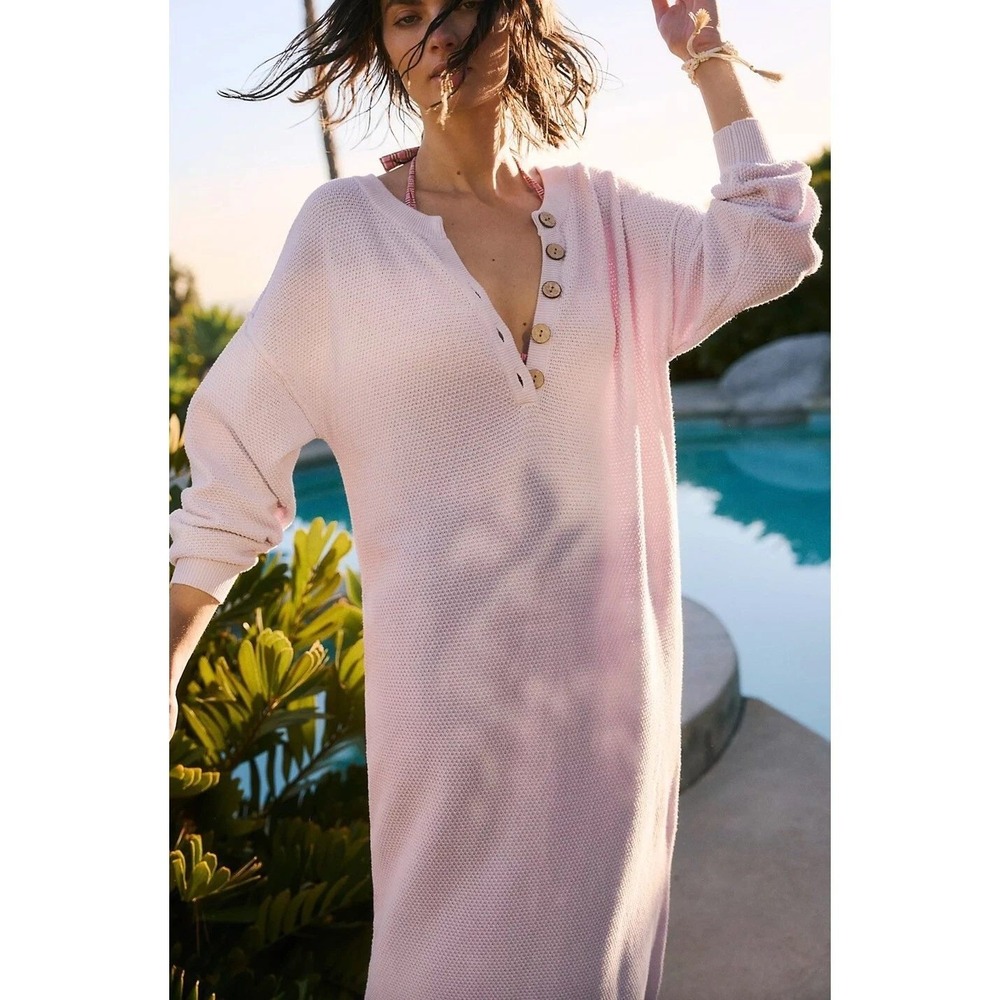 Free People Hailee Sweater Midi Dress Orchid Tint Lavender Cotton Henley Size L - Picture 3 of 8